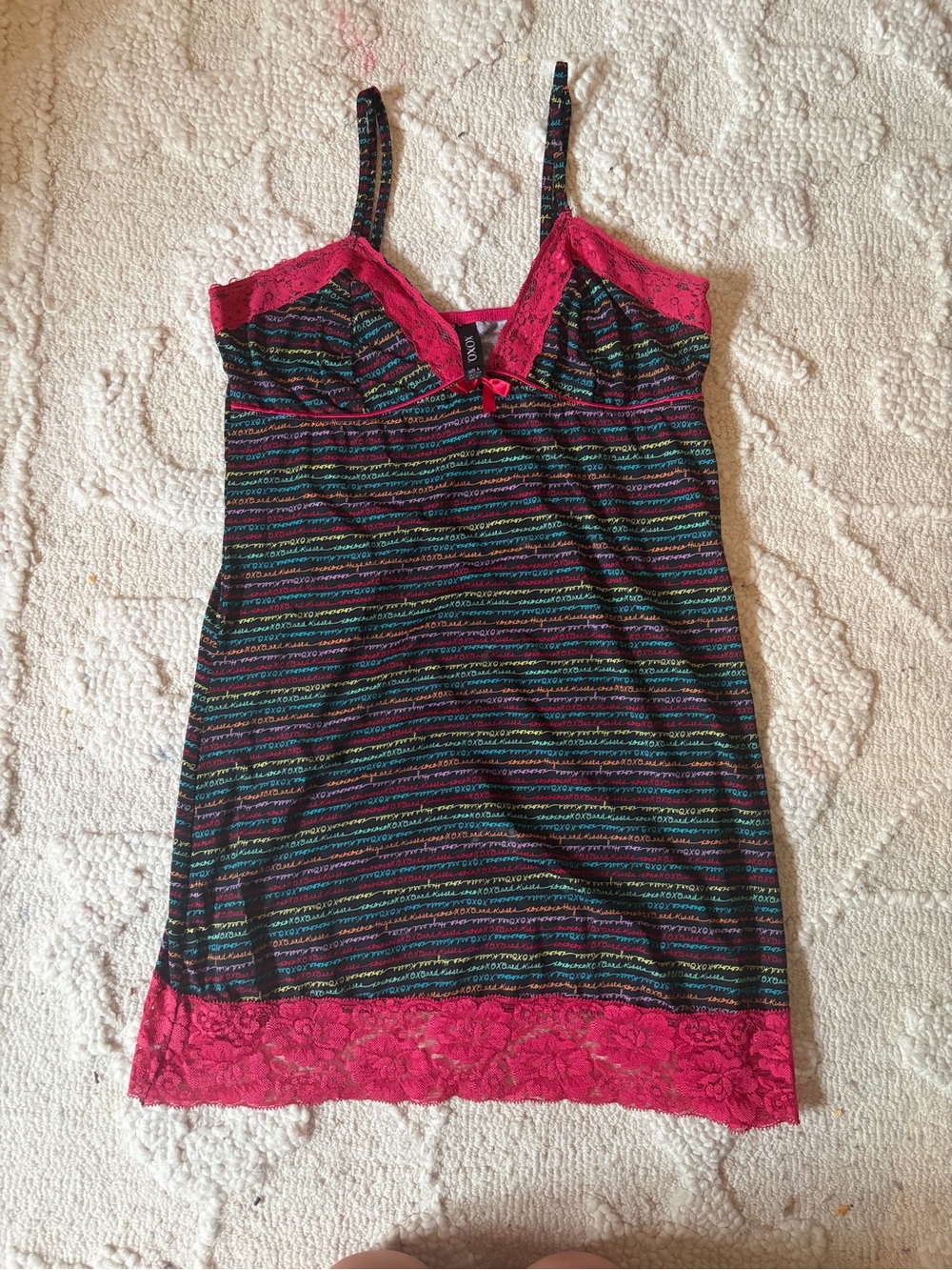 XOXO Lace-Trim Striped Cami Dress in Hot Pink and Black